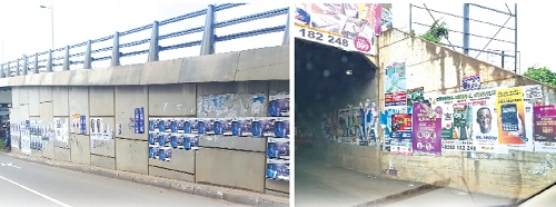 Portions of the Kwame Nkrumah Interchange (left) and the East Legon tunnel defaced with posters
