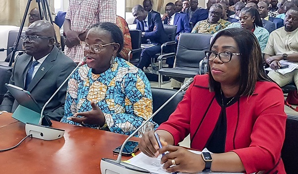 Prof. Nana Aba Appiah Amfo (middle), Vice-Chancellor, University of Ghana, answering questions at the Public Accounts Committee sitting in Accra. With her are Prof. Felix Ankomah Asante (left), Pro-Vice-Chancellor in charge of Research Innovation and Development, UG, and Bernice B. Agudu (right), Director of Finance, UG. Pictures: ERNEST KODZI