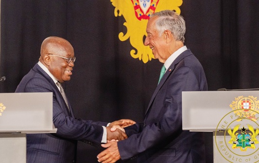 President Akufo-Addo (left) in a handshake with Marcelo Rebelo de Sousa, the President of Portugal