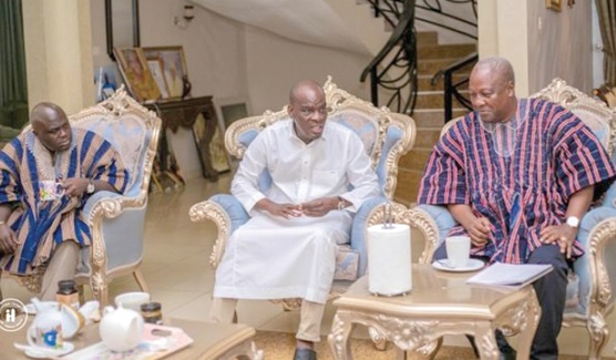 John Mahama (right), 2024 NDC flag bearer, interacting with Haruna Iddrisu (middle), NDC MP for Tamale South, at his residence in Tamale. With them is Julius Debrah (left), former Chief of Staff