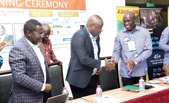Dr Mohammed Ibrahim Awal (2nd from left), Minister of Tourism, Arts and Culture, shaking hands with Dr Edward Ernest Ackah Nyamike Jnr (right), President, Ghana Hotels Association. With them is Dr Joseph Mensah Ansah (left), CEO, Hospitality Plus Limited. Picture: SAMUEL TEI ADANO