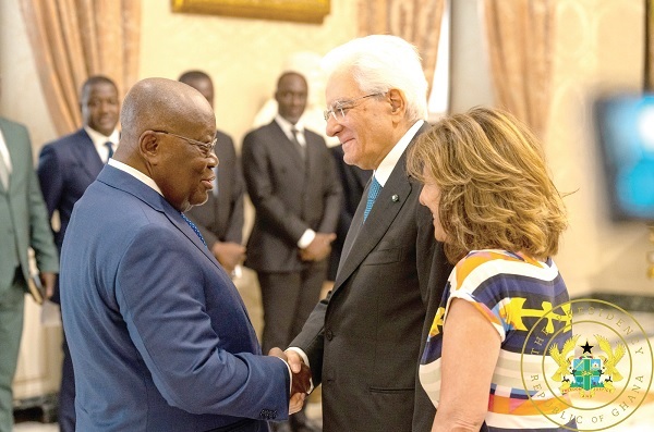 President Nana Addo Dankwa Akufo-Addo (left) being welcomed by Sergio Mattarella, the President of Italy,  at the Quirinal Palace, Rome, Italy