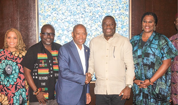 Sylverster Turner (middle), Mayor of Houston, US, exchanging pleasantries with Dr Mohammed Awal (2nd from right), Minister of Tourism, Arts and Culture. With them are some dignitaries. Picture: ERNEST KODZI