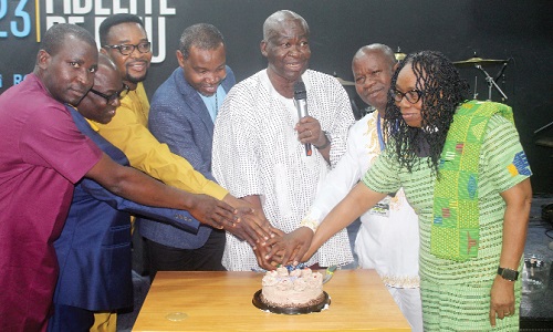 Rev. Prof. Thomas A.Oduro (3rd from right), Chairman, Ghana Zone, 2007-2009 President, Good News Theological Seminary, Oyibi, Ghana, being assisted by Rev. Prof. Dorothy Akoto (right), Immediate Past Vice-President, Trinity Theological Seminary, Legon, Ghana, Father Dr. John Njoroge (middle), Executive Secretary, Theology, Interfaith and Ecclesial Leadership Development AACC, Kenya, and other men of God to cut the anniversary cake.  Picture: ESTHER ADJORKOR ADJEI