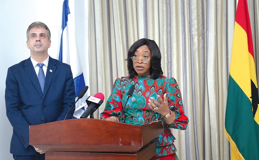 Shirley Ayorkor Botchwey (right), Minister of Foreign Affairs and Regional Integration, addressing the meeting. Beside her is Eli Cohen, Minister of Foreign Affairs of the State of Israel. Picture: ALBERTA MORTTY