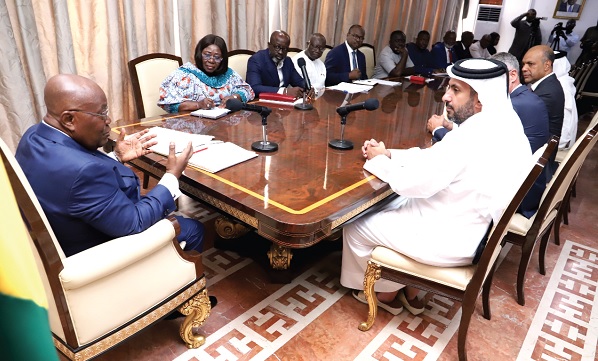 President Akufo-Addo (left) addressing the delegation from Qatar Investment Authority, led by Sheikh Faisal Al Thani (right), Chief Executive Officer, Qatar Investment Authority for Africa and Asia, at the Jubilee House. Pictures: SAMUEL TEI ADANO