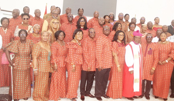 Brig. Gen. George Adjei (retd), (5th from right), Ghana Military Academy Intake 15 President, and Rt Rev. Col J.K. Otoo (retd), (3rd from right), former Director, Religious Affairs, with Vice-Admiral Seth Amoama (2nd from right), Chief of Defence Staff, and other executive with their families. Picture: ESTHER ADJORKOR ADJEI
