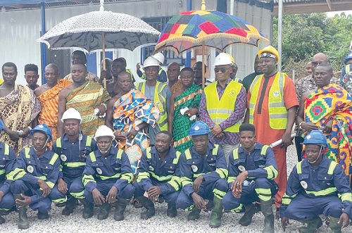 George Mireku Duker (3rd right), Deputy Minister of  Lands and Natural Resources in charge of mining with some workers and dignitaries at the Yawkrom-Asamang mine site. Those with them include, the Abransiehene, Nana Darko Gyau II (middle), and Nana Kwaku Ti II(right), the Chief of Yawkrom