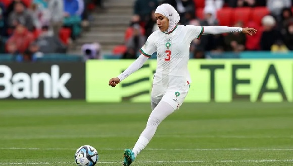 Defender Nouhaila Benzina, playing against South Korea in Morocco's second Women's World Cup match, became the first player to wear a hijab while competing at a senior-level global tournament. Photo by Sarah Reed/Getty Images