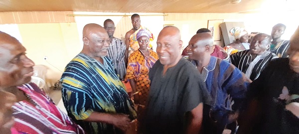 Osabarima Ayeh Kofi (left), Suhumhene, welcoming back Nana Opeabre Awuah Asiedu (right), Benkumhene of Suhum Traditional Area 