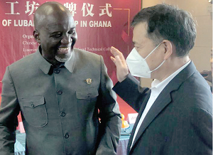  Lu Kan (right), Chinese Ambassador to Ghana, interacting with Dr Nii Okai Hammond, Ghana’s Ambassador to China, after the launch of the Luban Workshop in Accra