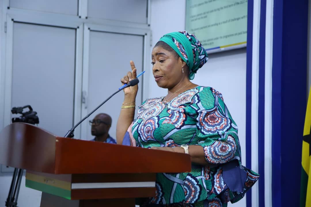   Lariba Zuweira Abudu, Minister for Gender, Children and Social Protection, speaking at the media briefing