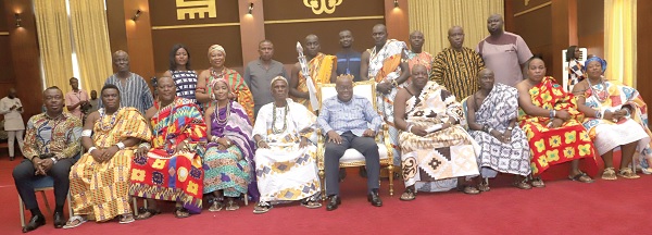 President Nana Addo Dankwa Akufo-Addo (5th from right), Stephen Asamoah Boateng (left), Minister of Chieftaincy and Religious Affairs, and Nene Abram Kabu Akuaku III (5th from left), Paramount Chief of the Ada Traditional Area and President of the Ada Traditional Council, with some members of the delegation at the Jubilee House