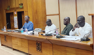 Nana Otuo Siriboe (2nd from right) with Ken Ofori-Atta (2nd from left) and some directors from the Ministry of Finance