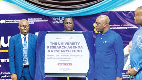 Prof. Elvis Asare Bediako (left), Vice Chancellor of UENR, and Prof. Yayra Dzakadzie (right), Director, Tertiary Education, Ministry of Education, after the launch