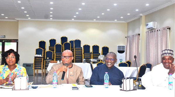 Dr Nana Ato Arthur (2nd from left), Head of Local Government Service, making his submission at the retreat. With him are Felicia Dapaah (left), Chief Director of the Office of the Head of Local Government Service; O.B. Amoah (2nd from right), Minister of State in charge of Local Government, and Saani Abdulai, Ashanti Regional Director of Audit Service
