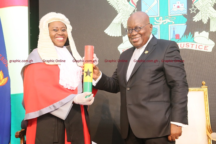 President Akufo-Addo presenting an instrument of office to Justice Gertrude Araba Esaaba Sackey Torkornoo, the Chief Justice, at the Jubilee House