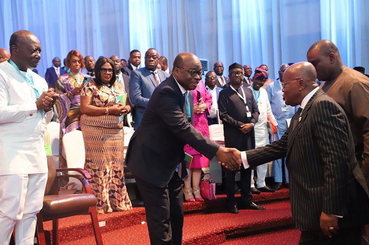 President Akufo-Addo (right) exchanging pleasantries with Dr Ernest Addison, Governor, Bank of Ghana, after the meeting. Looking on is Ken Ofori-Atta (left), Minister of Finance. Picture: EDNA SALVO-KOTEY