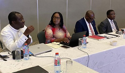 The Head of AUDA-NEPAD flagship biosafety programme, Samuel Edudzi Timpo (extreme left), explaining a point during the validation workshop