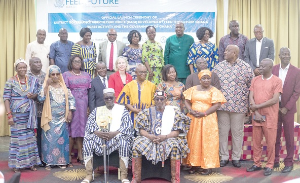 Dr Nana Ato Arthur (arrowed), Head of the Local Government Service, with some of the participants after the luanch of the national District Agricultural Governance Index