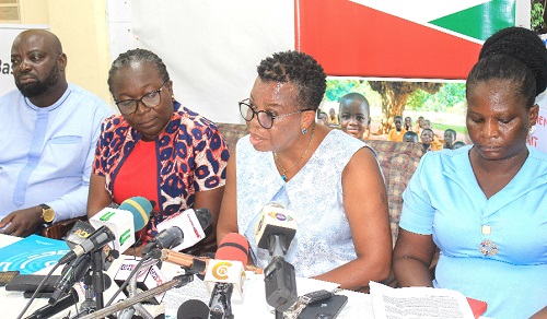  Joyce Larnyoh (2nd from right), Country Director, International Child Development Programme and Lead Convenor for SDG 4 in Education, addressing journalists in  Accra. With her are Andrew Ofosu Dankyi (left), Technical Programmes Manager, Education, World Vision Ghana, Dr Ernestina Tetteh (2nd from left), Project Manager, Star Ghana Foundation, and Bernice Mpere Gyekye (right), Executive Director, GNECC.  Picture: ERNEST KODZI