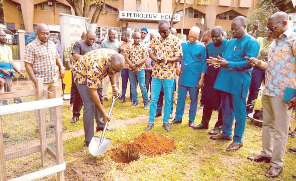 Opoku-Ahweneeh Danquah, CEO of GNPC, planting the tree while some officials of the corporation look on