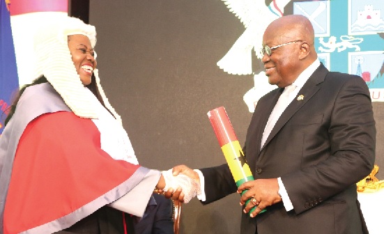 Justice Torkornoo being congratulated by  President Nana Addo Dankwa Akufo-Addo