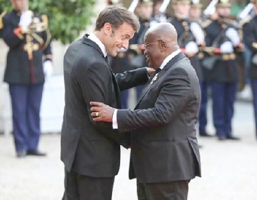 President Akufo-Addo (right) being welcomed by Emmanuel Macron, the President of France 