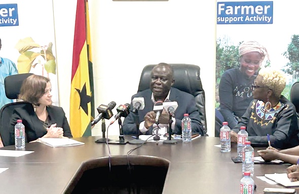 Yaw Frimpong Addo (middle), the Deputy Minister of Food and Agriculture, speaking during the launch. With him are Kimberly Rosen (left), Mission Director, USAID Ghana, Barbara Clemens (right), Representative and Country Director, WFP Ghana