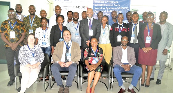 Dr Marco Massabo (seated 2nd from left), Programme Coordinator at the CIMA Foundation, with other participants in the disaster preparedness workshop in Accra