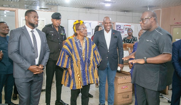 Theophilus Yartey (right), Editor, Graphic, briefing Alban Bagbin (2nd from left), the Speaker of Parliament, on the editorial functions in the Graphic newsroom. With them is Ato Afful, MD, GCGL. Picture: DOUGLAS ANANE-FRIMPONG