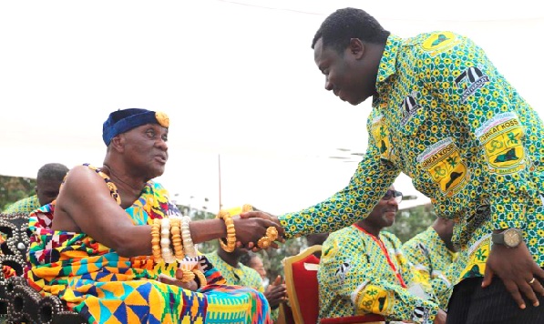 •  Rev. John Ntim Fordjour (right), a Deputy Education Minister, exchanging pleasantries with Nana Otuo Siriboe II, the Juabenhene,  at the 70th anniversary of the school.  Pictures: EMMANUEL BAAH