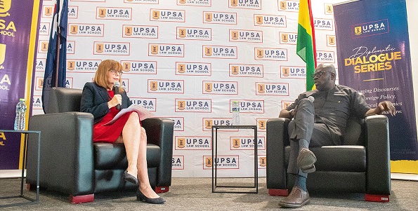 • Bernice Owen Jones, the Australian High Commissioner to Ghana, speaking at the Diplomatic Dialogue series. With her is Kofi Abotsi, Dean, UPSA Law School