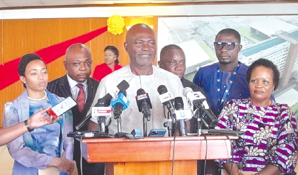 • Kennedy Agyapong addressing the press. With him include Dominic Nitiwul (3rd from right), the Defence Minister, Dr Zanetor Agyeman-Rawlings (left), MP for Klottey Korley, and James Agalga (2nd from left), Ranking Member on the committee Defence Committee 