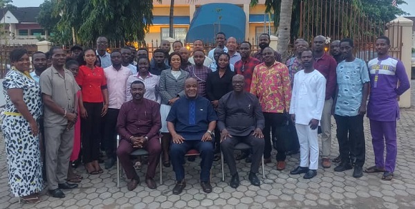     Dr Johnson Edu (seated left) with the Director of the Rev. John Teye Memorial Institute, Mr Lawrence Otute John-Teye (middles) and the Chairman of the PTA, Rev. Samuel Asare (seated right) with the teaching staff of the school after the workshop