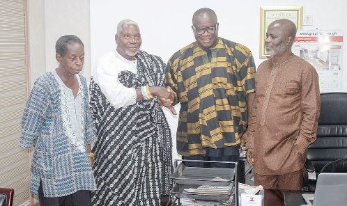 • Togbui Gobah Tengey (2nd from left), President, Ewe Ashanti Union and International Peace Ambassador, exchanging pleasantaries with Theophilus Yartey (2nd from right), Editor, Graphic. With them are Timothy Gobah (right), Sub-Editor, Daily Graphic and Godwin Banini (left), former broadcast journalist, GTV. Picture: ERNEST KODZI