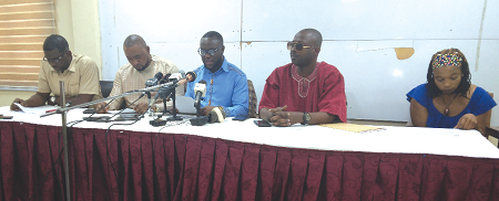 Citizen Ato Dadzie ( 2nd from right), reading the statement on behalf of the coaltion. With him are Abdul Kadri (left), Treasurer, PNC; Mordecai Thiombian (2nd from left), APC General Secretary and Jerry Owusu Appauh (right), LPG General Secretary.