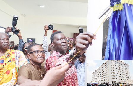  Dr Yaw Osei Adutwum (right), Minister of Education, and Richard Afutu Kotei, Head of the Amon Kotei Family, unveiling the plaque during the inauguration of the UPSA Nii Amon Kotei Hostel (inset).  Pictures: Maxwell Ocloo