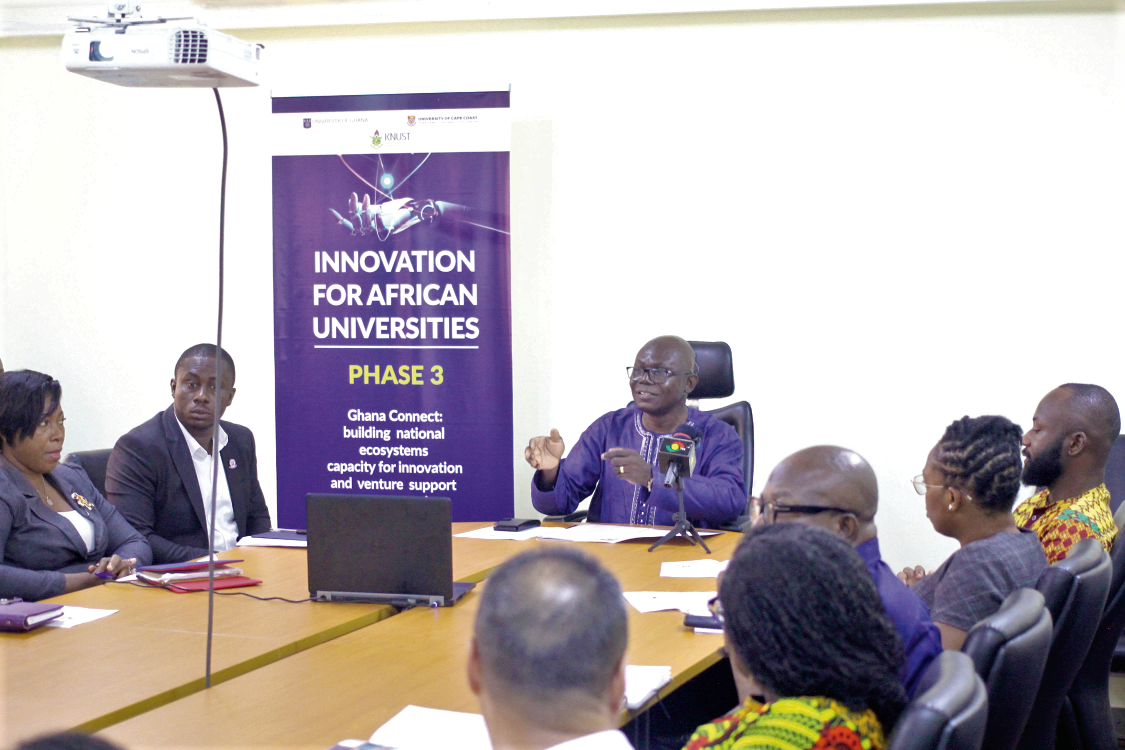  Prof. Felix Ankomah Asante (middle), Pro-Vice-Chancellor, Research, Innovation and Development, University of Ghana, making some remarks during the Innovations for African Universities Kick-off Programming. Picture: Maxwell Ocloo