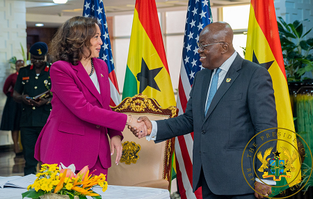President Akufo-Addo welcoming Vice-President Kamala Harris of the United States of America to the Jubilee House