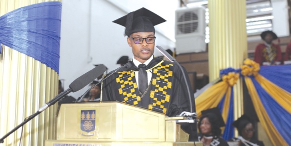 • Lancelot Allotey, the Valedictorian, speaking at the congregation ceremony. Picture: MAXWELL OCLOO 