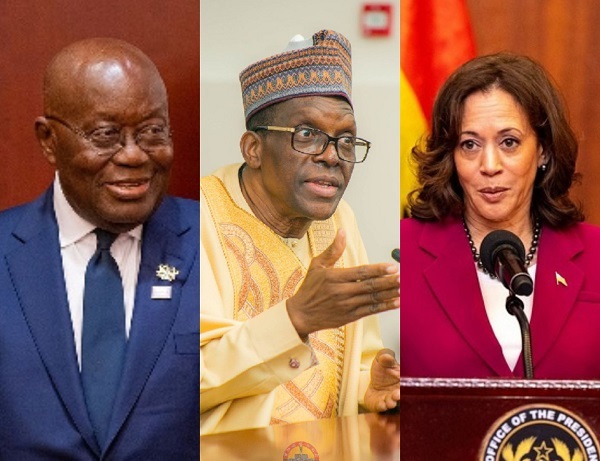 President Akufo-Addo (left), Speaker of Parliament, Alban Bagbin (middle) and US Vice President Kamala Harris