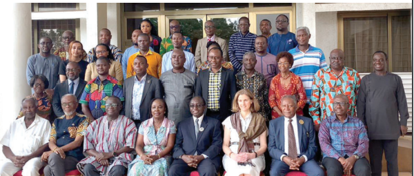 Dr George Afeti (seated right), TVET expert and consultant; Professor Kofi Opoku Nti (seated 4th from right), President of GAAS; Claudia Frittelli (seated 3rd from right), Programme Director for Higher Education Research of the Carnegie Corporation, with other participants after the event