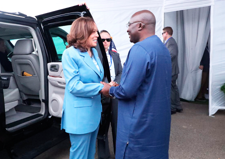  Vice-President Mahamudu Bawumia welcoming Kamala Harris, the Vice-President of the United States of America, to the Black Stars Square in Accra to deliver her lecture