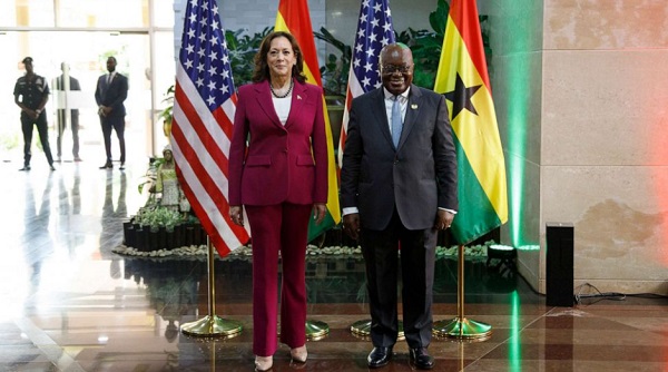 Vice President Kamala Harris is welcomed by Ghana President Nana Akufo-Addo in Accra, Ghana, March 27, 2023. Misper Apawu/AP
