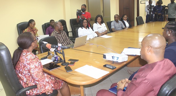 • Grace Ama Issahaque (left), acting Registrar-General, addressing some journalists and staff of Industrial Property Office in Accra