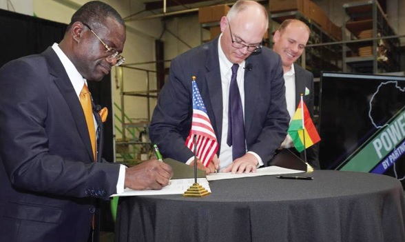 • Dr Joseph Siaw Agyepong (left), Executive Chairman, Jospong Group, and  Vonn Christenson, Executive Co-founder of ZeroNox, signing the MoU in the USA to convert Zoomlion's diesel trucks to electric vehicles. Looking on is Mr Robert Cruess, President and Co-founder of ZeroNox 