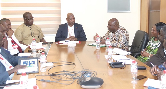 Joseph Cudjoe (3rd from right), Minister of Public Enterprises, addressing management of the Graphic Communications Group Limited. Among them are Ato Afful (table head), Managing Director, GCGL, and Theophilus Yartey (4th from left), Editor, Graphic . Picture: ELVIS NII NOI DOWUONA