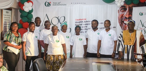 Felix Osom Boafo (3rd from right), President of 60+ Foundation with Daniel Alexander Nii Noi Adumuah (2nd from right), MCE, Adentan Municipal Assembly, other dignitaries and elderly beneficiaries of the foundation.