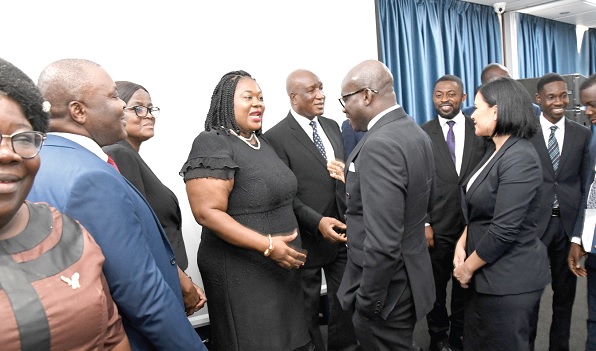 Godfred Yeboah Dame (2nd from right), Minister of Justice and Attorney-General, interacting with some members of the Legal Aid Commission at the launch of the Public Defenders’ Division of the commission. With him are Rachel Rossi (right), Director of the Office for Access to Justice, Washington DC, and Nene A.O. Amegatcher (4th from left), Chairman of the Legal Aid Commission. Picture: EBOW HANSON  